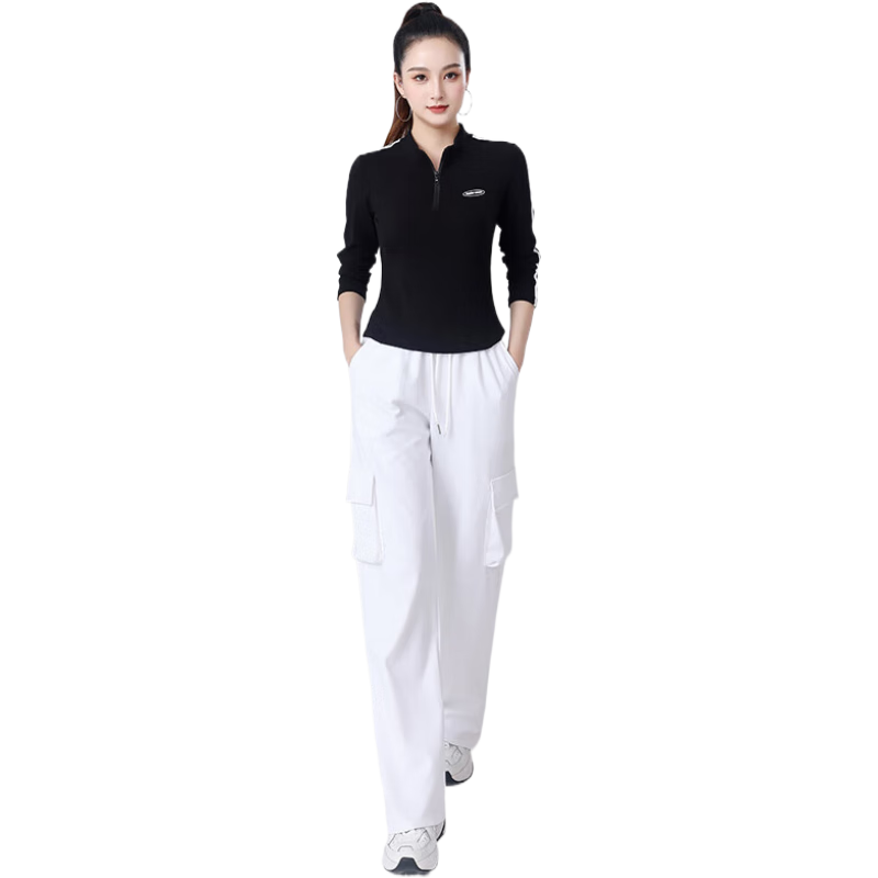 貝茲曼廣場(chǎng)舞服裝女鬼步舞戰(zhàn)馬舞服裝棉休閑跑步運(yùn)動(dòng)服女長(zhǎng)袖春秋新款 黑色上衣+白褲 M (80斤-95斤)