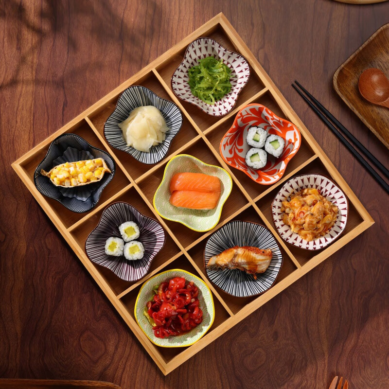竹木九宫格托盘餐具火锅配菜盘拼盘 竹质9宫格 9个花色蝶 【主图款