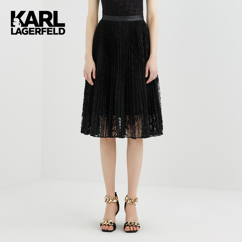 karl lagerfeldkarl lagerfeld黑色logo提花百褶半身裙轻奢 黑色 38