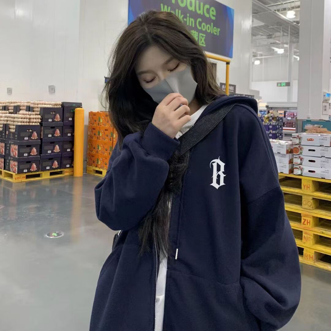 ins潮2023新款春秋冬加绒加厚oversize女 侧边b藏青色款(纯棉双层帽)