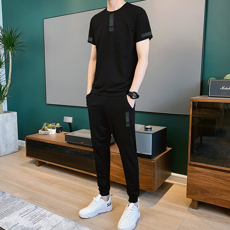 衣服套装休闲男2022新款男士圆领冰丝透气短袖长裤搭配一套运动服潮