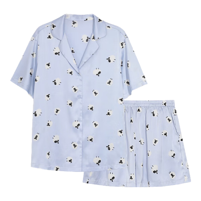ubras流光满印凉感翻领家居服套装睡衣短袖短裤发呆小羊（蓝）S