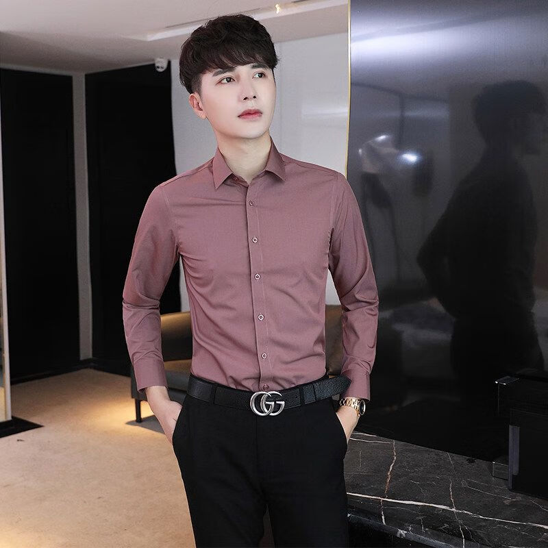 九牧王(joxod)酒红色商务休闲免烫衬衫男士长袖春秋季弹力 酱红色 m