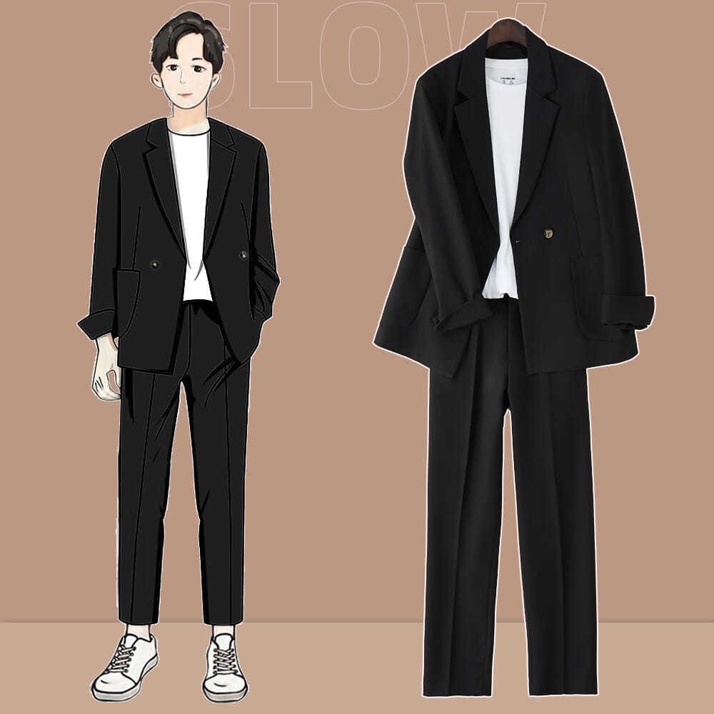 千蝉枫日系搭配学院风套装黑色休闲西装套装男痞帅夏季薄款冰丝小西服