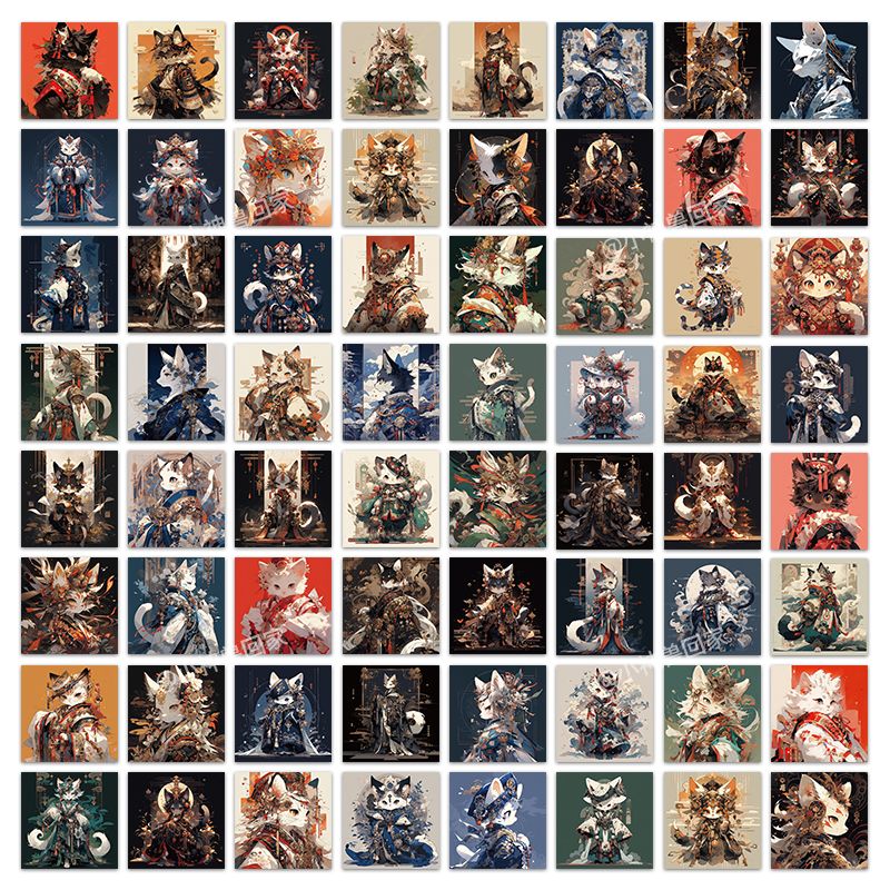 猫武士周边贴纸62张国风小猫猫武士古风动物创意艺术绘画可爱小猫咪