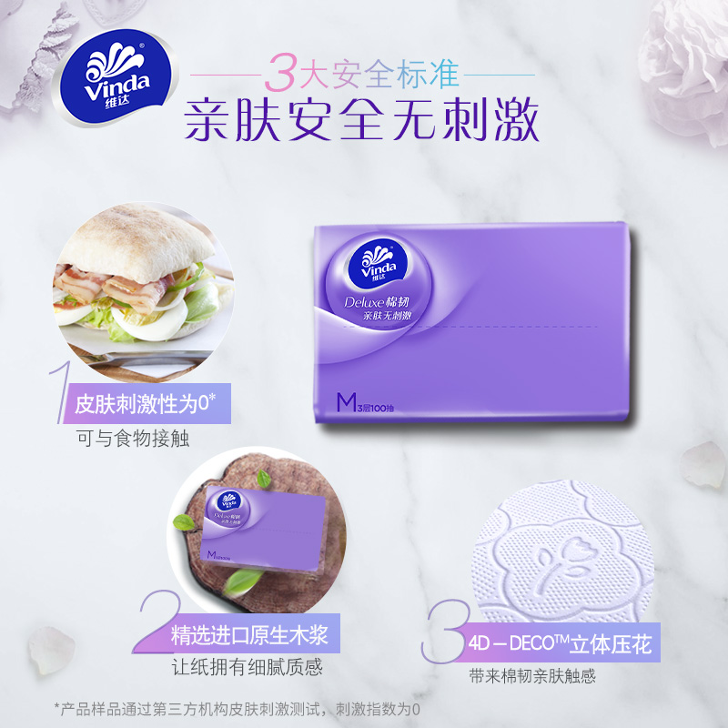 38261-维达(Vinda) 抽纸 棉韧3层100抽*24包软抽 认准真M码 母婴可用 整箱销售 亲肤无刺激 -详情图