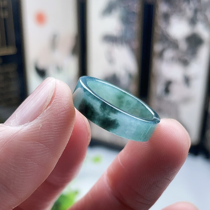 倪曼冰蓝飘花方戒a货翡翠平口戒特色直边舒适平面指环戒圈 飘蓝 7号