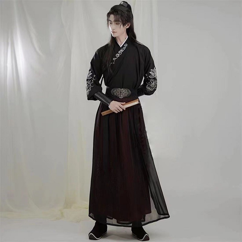 绘自然 汉服男夏季套装武侠中国风古装侠客书生帅气魏晋仙气学生班服 J款上衣+下裙+腰带+护腕 4XL属于什么档次？