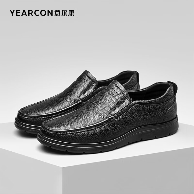 意尔康皮鞋套脚软面商务休闲鞋百搭舒适中老年爸爸鞋 1542ZE98176W 黑色 42