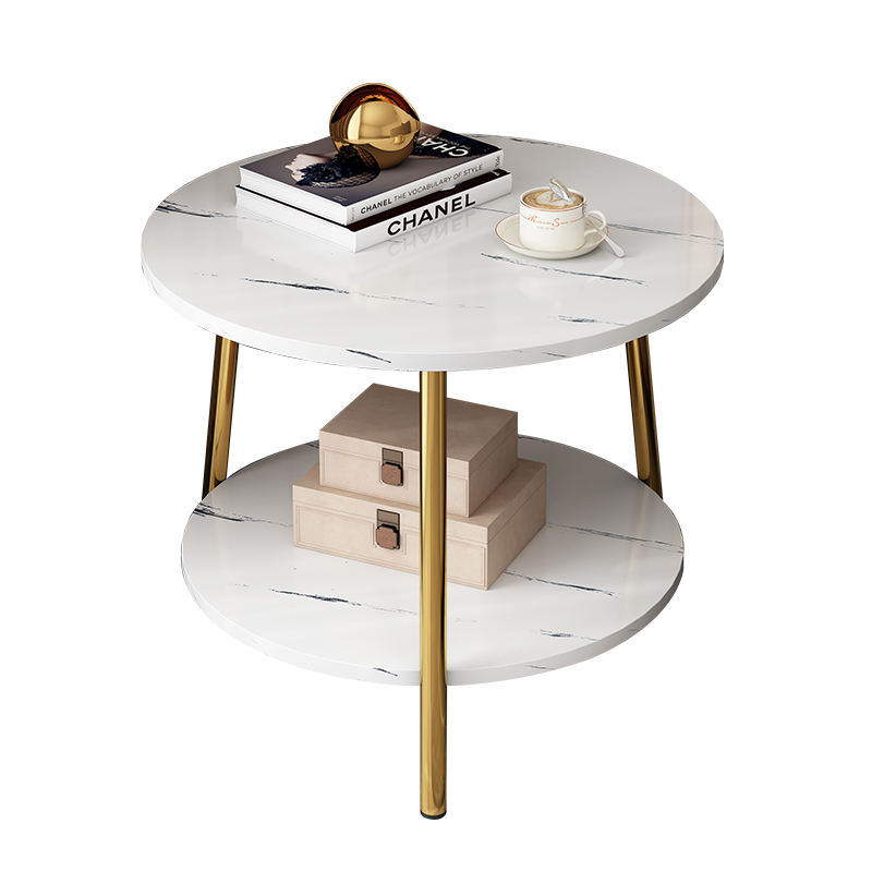 悦美妙轻奢边几家用客厅小茶桌办公室泡茶桌仿大理石小圆桌小户型茶几现代简约边桌 【双层圆形款】白大理石色60CM