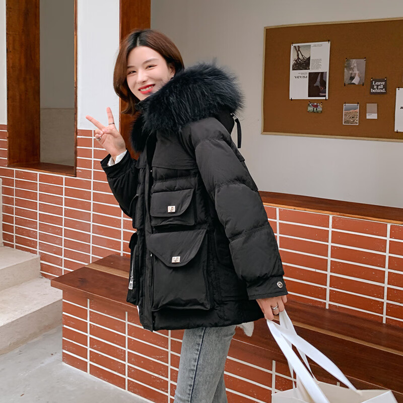 韩衫影(H·SHANYING)羽绒服女2023新款貉子毛领多口袋设计感白鸭绒工装外套 黑色 S(90-125斤)怎么看?