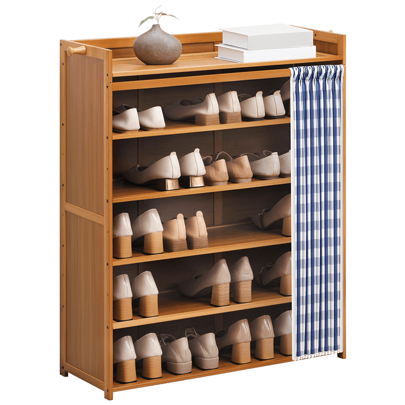 老竹匠简易落地多功能小鞋架客厅多层鞋柜子玄关简约家用楠竹换鞋凳置物架防尘大容量鞋凳门帘经典款六层76长
