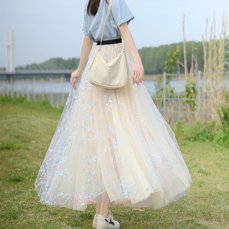 网纱裙沙裙子半身裙女春夏秋季过膝搭配纱纱裙女a字高腰中长款纱裙
