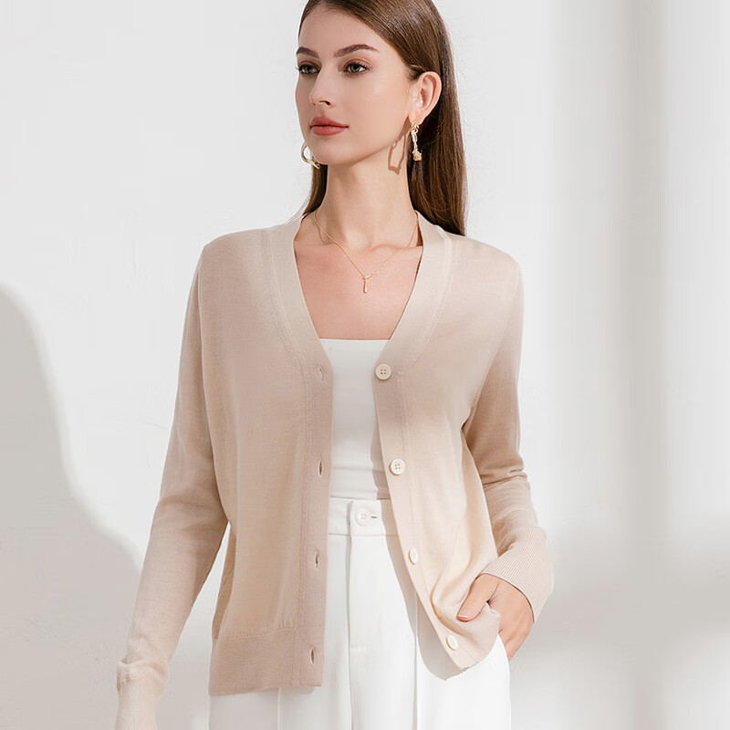 德凯佳新款v领春夏针织衫外搭开衫纽扣纯色长袖外套上衣羊毛衫 米白 S