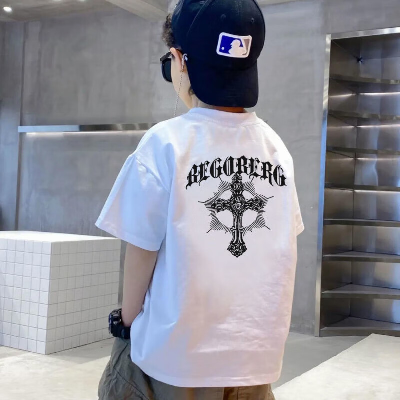 布兰奥夏季新款中大童欧美ins街头嘻哈十字架男童t恤短袖上衣 白色