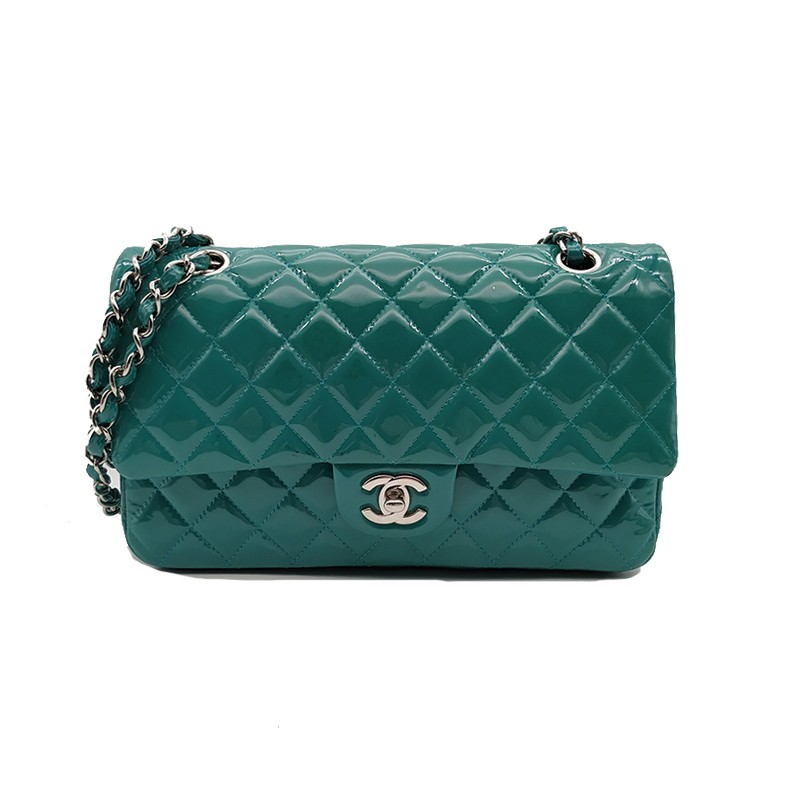 【二手9成新】chanel/香奈儿cf系列绿色漆皮女士时尚单肩斜挎包中号