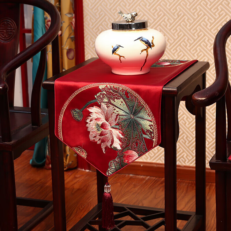 樂唯仕桌旗新中式禪意茶桌墊布茶臺(tái)桌布茶幾茶旗結(jié)婚床旗電視柜輕奢高端 夏雨荷(紅色) 35*100cm