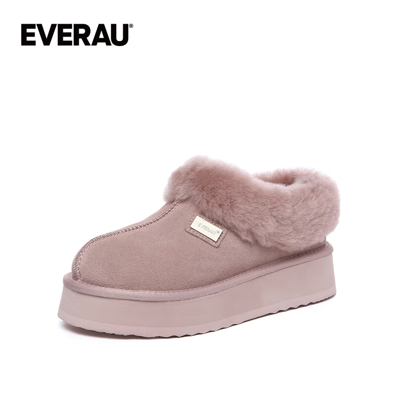 EVERAU女士冬季茸茸毛鞋领厚底便鞋休闲舒适棉鞋面包鞋懒人鞋丨UEA2001 暮粉色 38