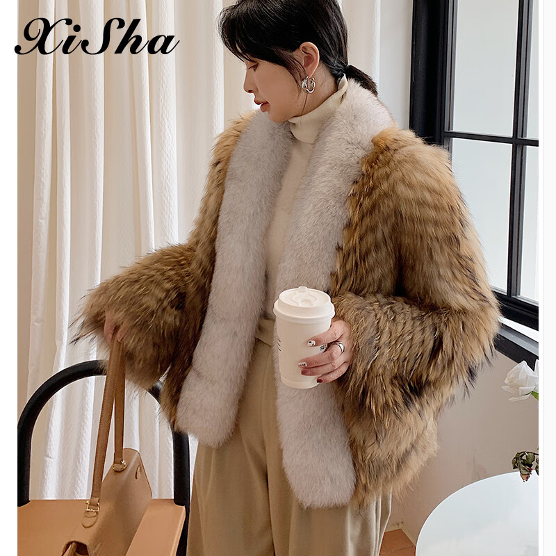 悉姗 车条皮草外套女仿狐狸毛领仿貉子毛喇叭袖欧美风冬季新女装 原色