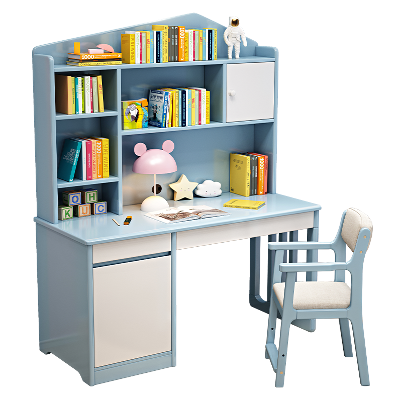 昭希 儿童书桌实木学习桌中小学生儿童写字桌书桌书柜组合书桌柜一体儿童作业书桌椅套装 实木单桌(不含椅子)(蓝白色) 1.0米