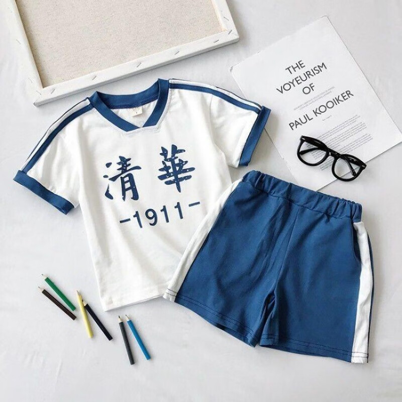 席佰清华北大短袖t恤 套装夏季短袖短裤t恤兄妹姐弟装小孩子薄款 蓝色