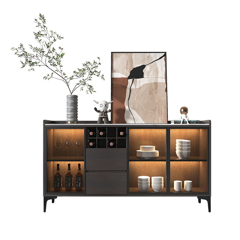 美木之家 餐边柜轻奢岩板餐厅柜现代简约歺边柜厨房碗柜玻璃门小酒柜茶水柜 烟熏色119*35*95cm 岩板台面