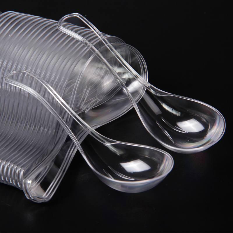 喜路尼一次性勺子塑料汤勺单独包装甜品勺打包外卖饭勺汤匙调羹 100只一次性透明水晶大号汤勺 勺宽3.8cm长1