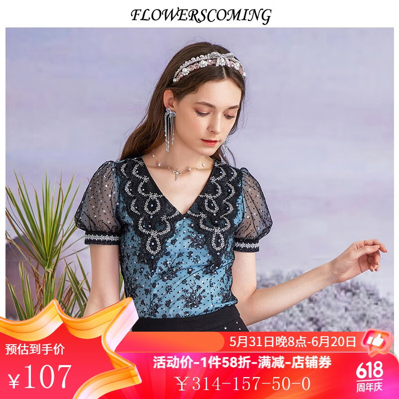 flowerscoming花儿开了夏季新款网纱波点法式复古上衣女装宫廷公主风