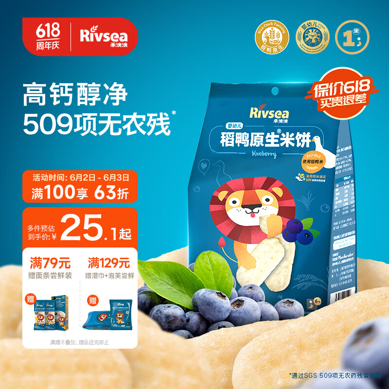 禾泱泱宝宝零食婴幼儿米饼 6个月以上 非油炸零食稻鸭米饼蓝莓味50g