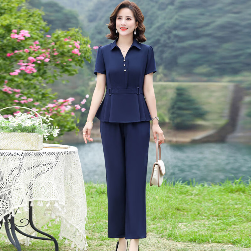 乐漫咪中年女士夏天穿的短袖套装妈妈衣服夏装气质洋气40岁50女装遮肚