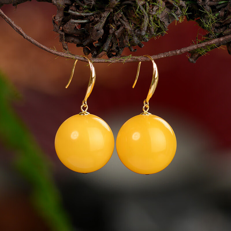 涵客纯18k金蜜蜡耳环新中式复古风格大珠子黄色耳饰鸡油黄琥珀耳坠女