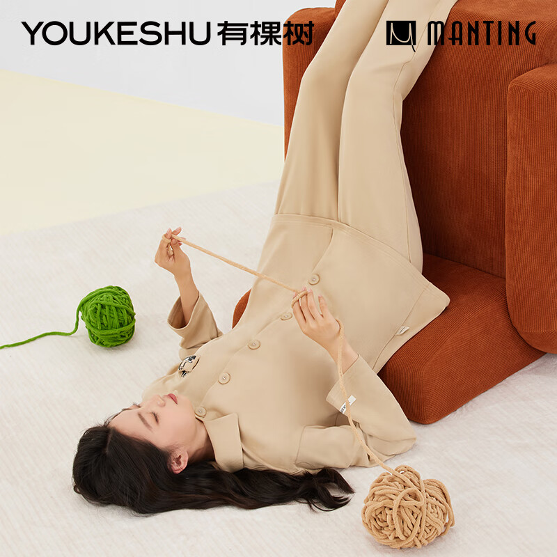 有棵树植物停螨衣睡衣女翻领春季莫代尔长袖防螨可外穿家居服套装 焦糖色 M