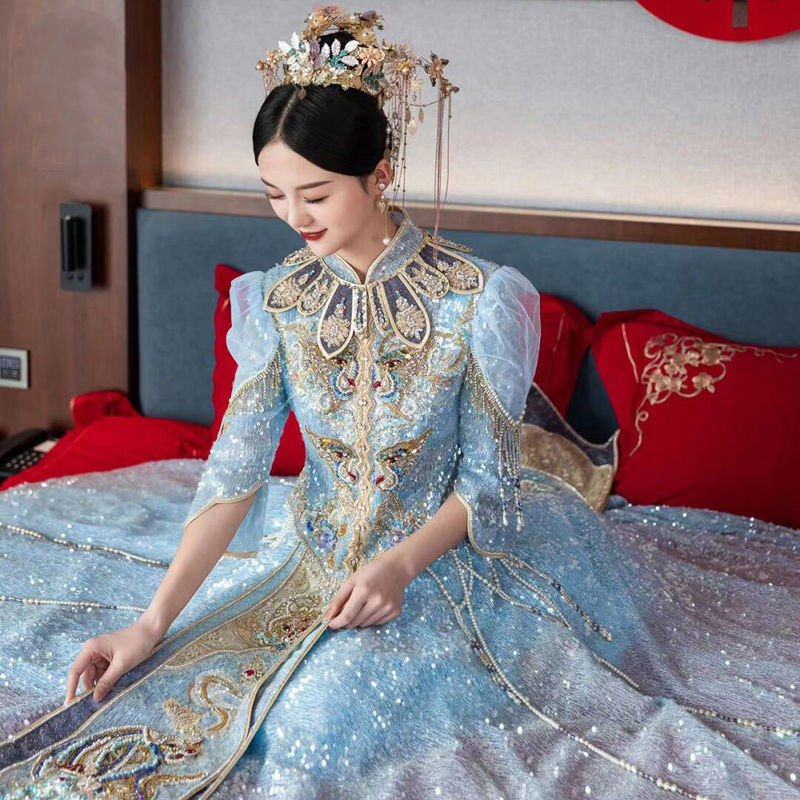 蜜丹丽新品泰勒冰蓝色秀禾服新娘2022新款结婚礼服女婚纱中式龙凤褂显年轻款 22款221冰蓝色 XL