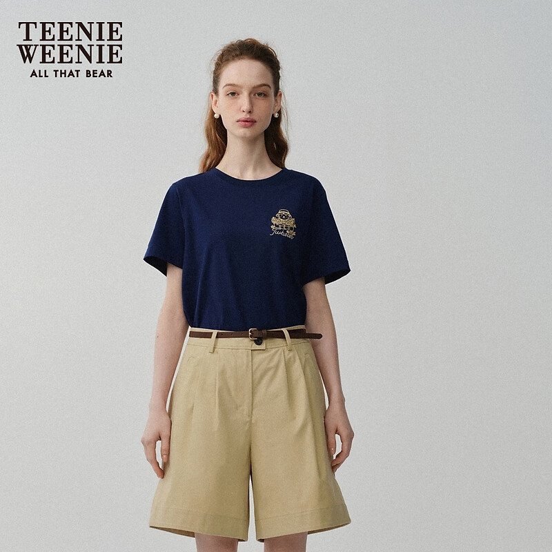 Teenie Weenie小熊女装春装清新简约圆领短袖T恤休闲通勤学院上衣 藏青色 160/S
