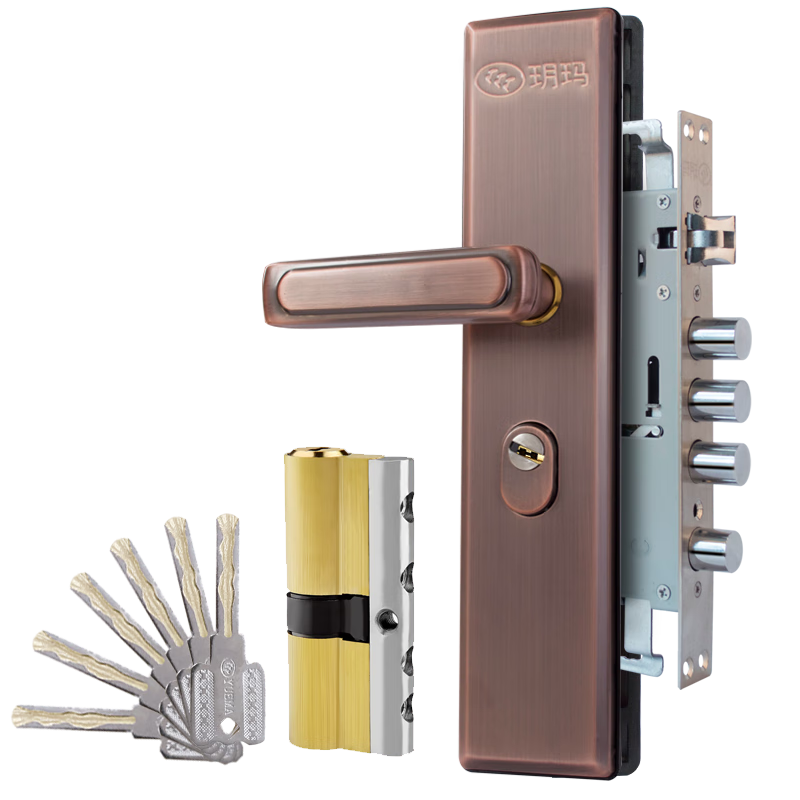 玥玛防盗门锁套装c级锁芯304不锈钢面板多功能拉手锁体红古铜入户门锁