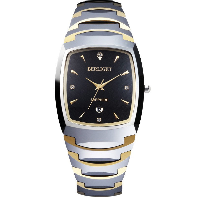 宝丽爵(BERLIGET)手表钨钢防水石英表方形男士手表日历商务时尚钢带手表 x8341桶型间金男款