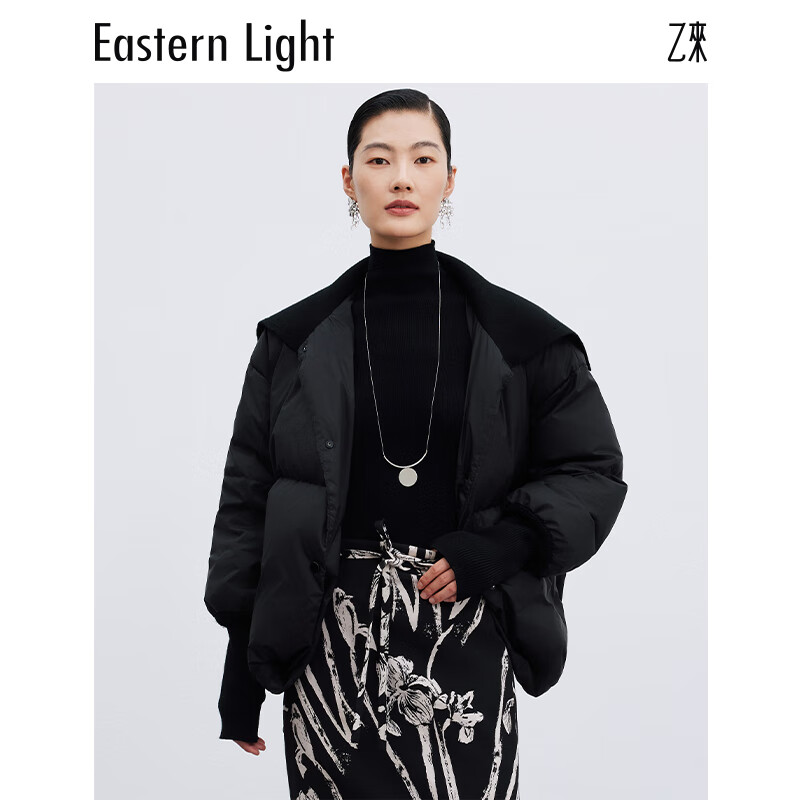 乙来（EASTERN LIGHT）【甄选90大朵白鸭绒】羽绒服女装冬季短款厚上衣外套新年战袍 优雅黑 L
