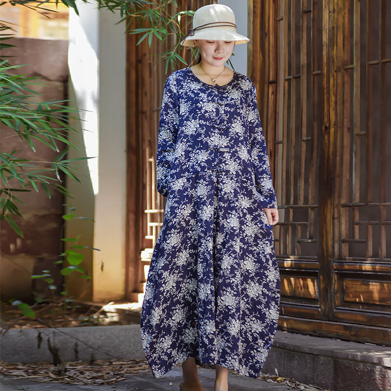乱在江南民族风复古棉麻印花连衣裙秋季新款宽松花苞型长裙 花色 m