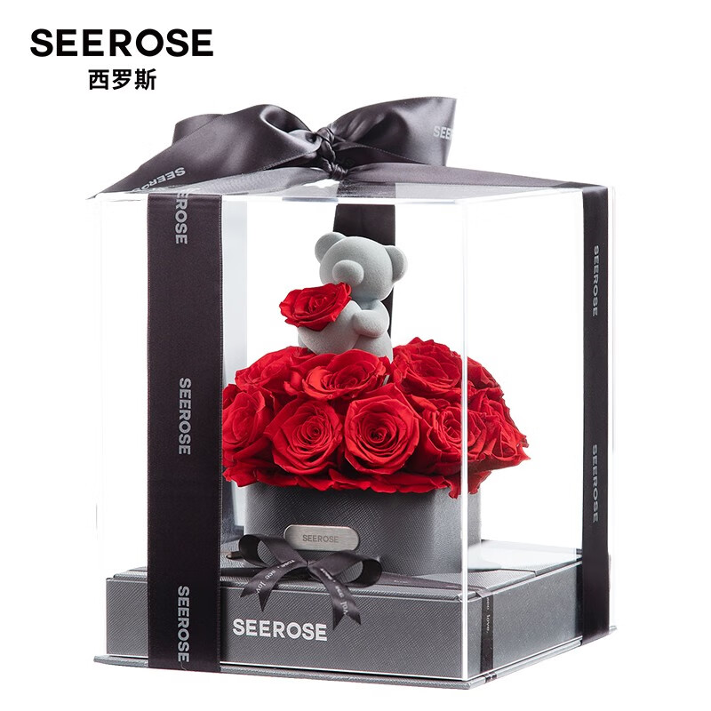 西罗斯（SEEROSE）19朵保鲜玫瑰永生花束抱抱桶小熊兔子女生朋友520情人节生日礼物 抱抱熊-将心予之(支持代写贺卡)