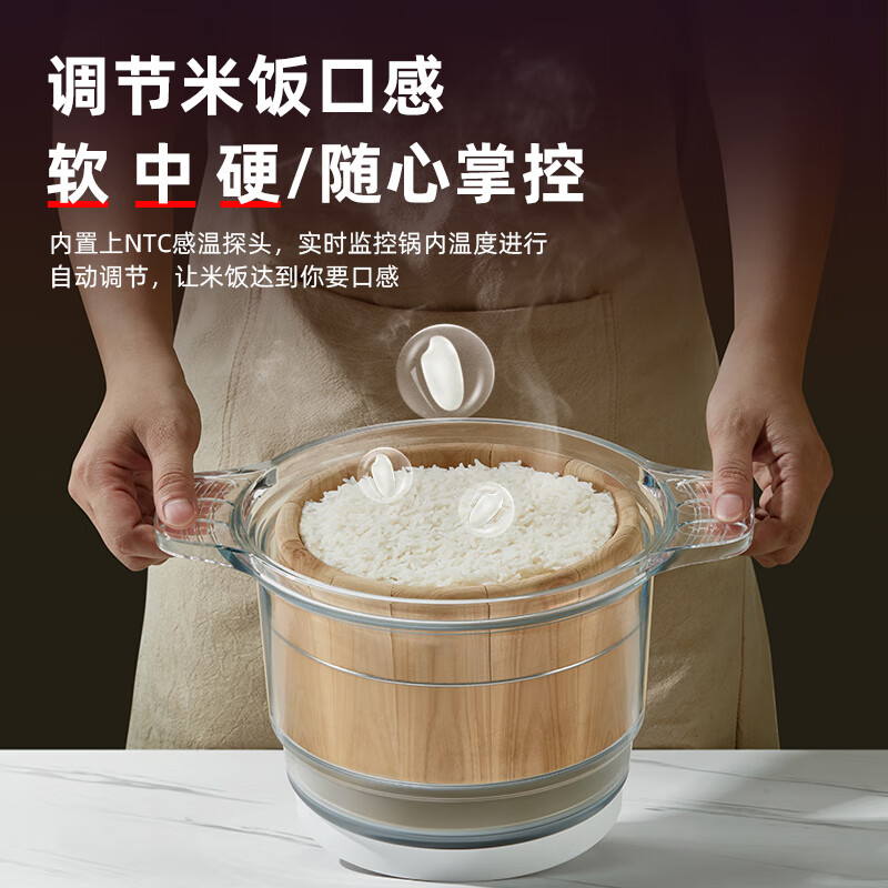 蓓家福低糖木桶电饭煲智能语音家用养生米汤分离沥米蒸饭锅神器甑子玻璃无涂层自动预约多功能减糖电饭锅 不锈钢内胆+不锈钢蒸篮(1-10人)+木甑子 6L