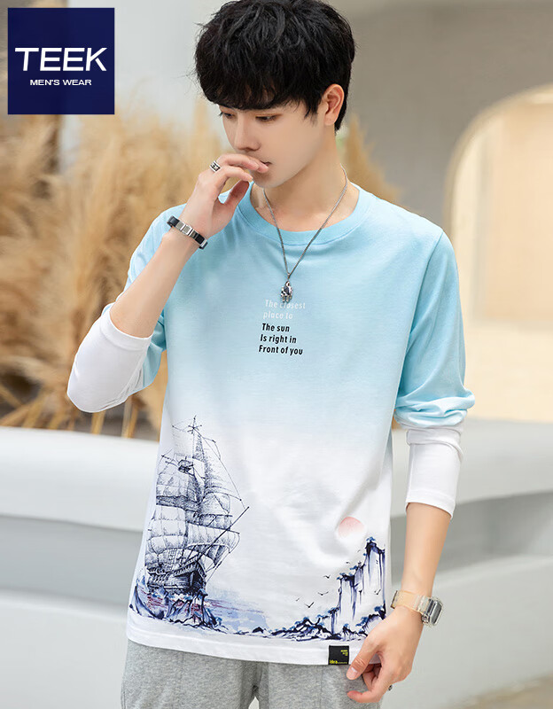 TEEK渐变长袖t恤男装春秋款上衣服 秋冬季男士秋装体恤休闲印花打底衫 JAC5B蓝白色 M