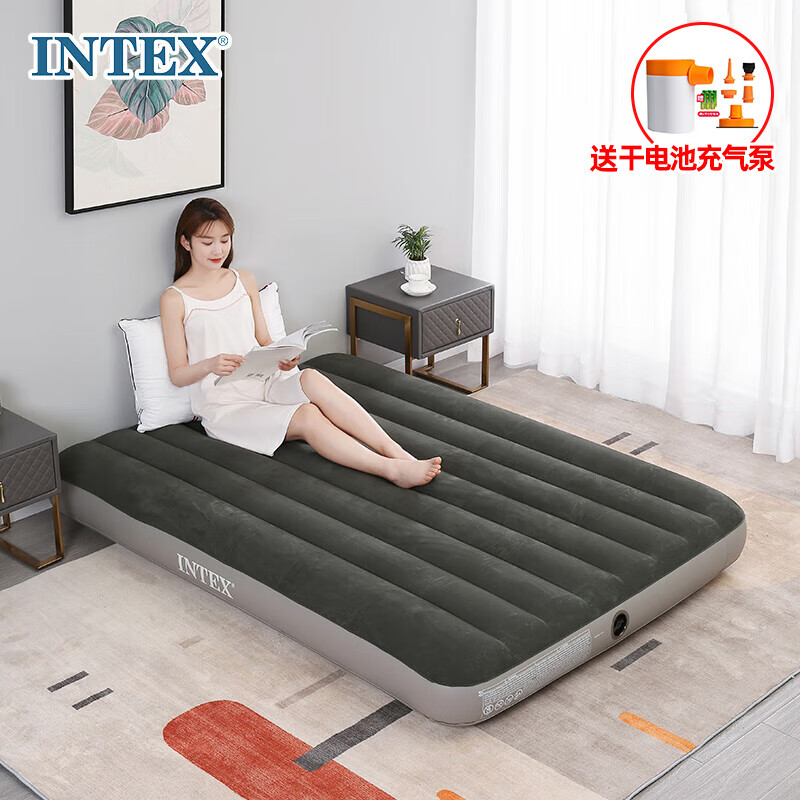INTEX64108充气床垫露营户外防潮垫 家用陪护午睡双人折叠床送干电池泵