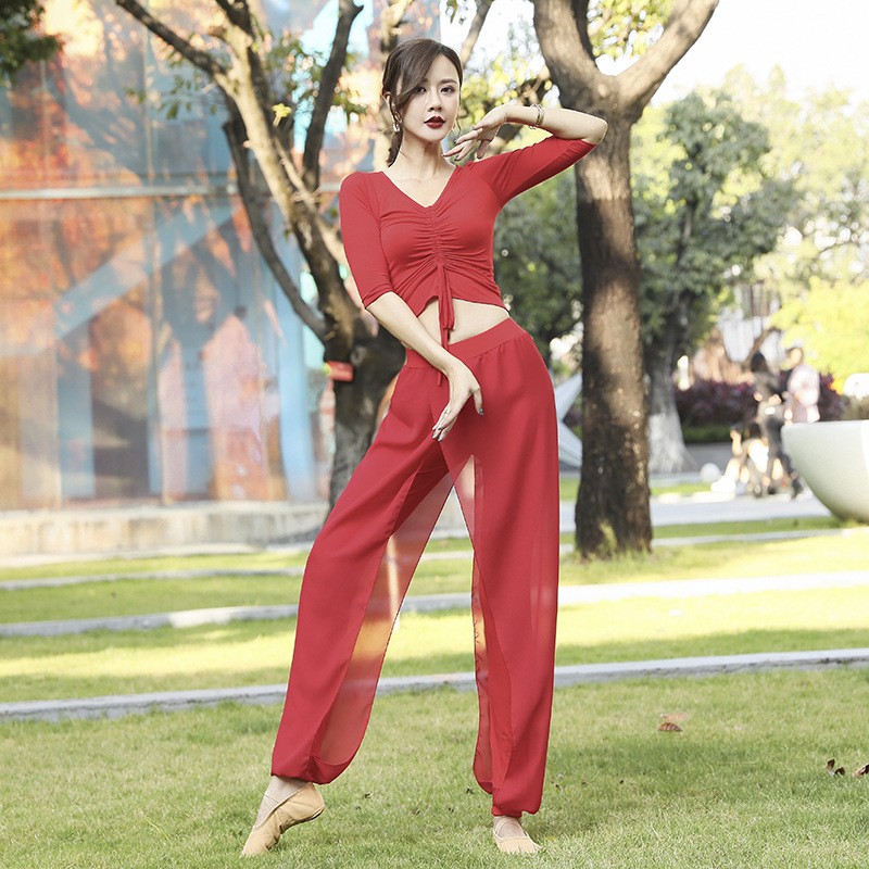 肚皮舞服舞練功服套裝新款古典舞蹈服裝性感顯瘦初學(xué)者舞韻瑜伽服 紅色（上衣+褲子） S