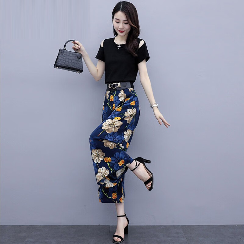 穆夏百合时尚休闲上衣两件套套装裤子2022夏装新款夏季女装宽松休闲裤