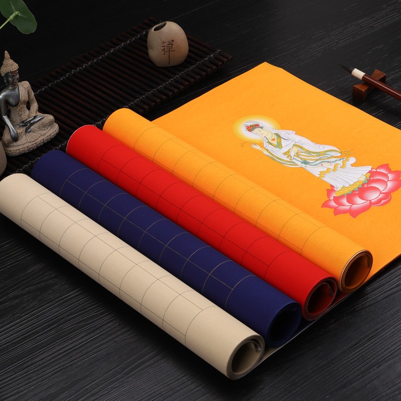 希古斋 蜡染彩绘观音心经方格宣纸四尺对开半生熟3厘米格子288格带落款小楷毛笔书法创作品专用 仿古色(3cm格子-288格) 四尺对开:34*138厘米(5张/包)