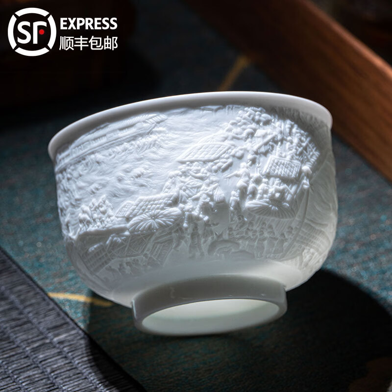 守勤堂景德镇陶瓷手工高端功夫茶杯茶具个人主人杯单杯办公室喝茶品茗杯 黄守良清明上河图主人杯 130ml