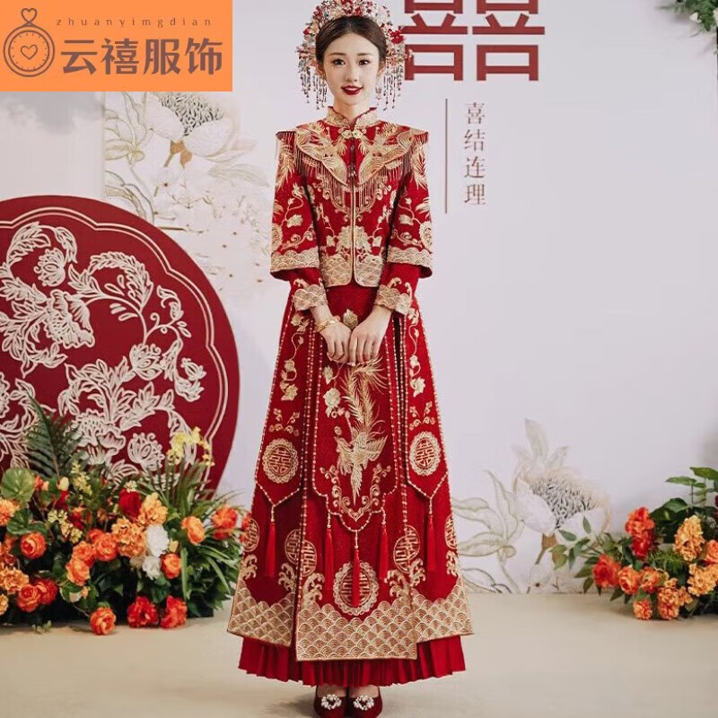 君瑞思秀禾服新娘2024秀禾服新娘結(jié)婚中式婚紗大碼情侶套禮服胖妹妹 來(lái)鳳儀女裝帶披肩無(wú)鉆 m95-105斤