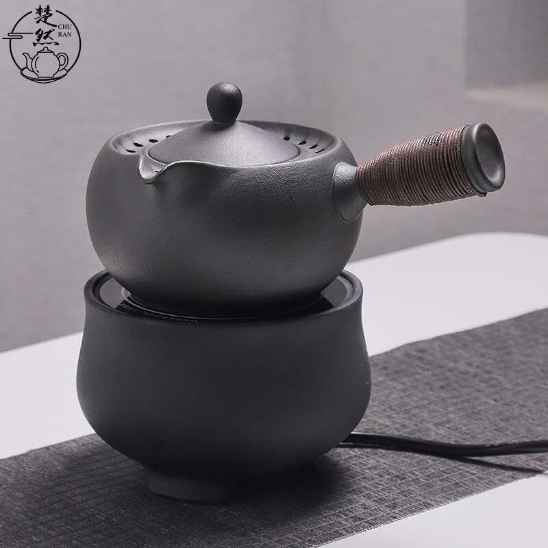 楚然台湾火山石侧把壶煮茶器养生壶陶瓷茶壶围炉煮茶大容量陶壶 圆满侧把壶（黑）+电陶炉