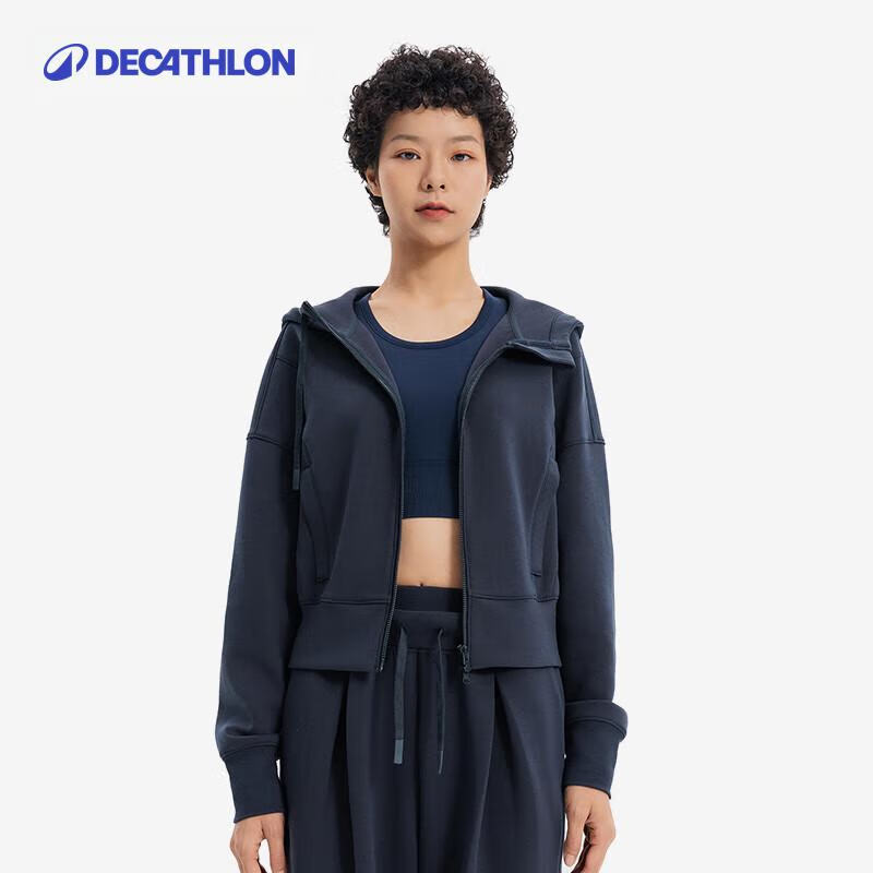 迪卡侬SPW运动外套女短款显瘦瑜伽上衣时尚简约休闲防风连帽卫衣外套 石墨灰色 M