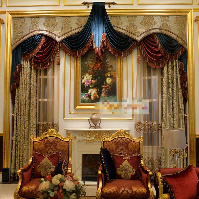 摩力克窗帘 欧式美式风格窗帘定制客厅卧室别墅豪华窗帘定做 橙蓝色